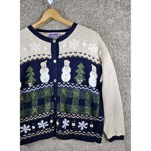 Vtg North Crest Christmas Tree Snowmen Flakes Winter Stitched Cardigan Womens‎ L